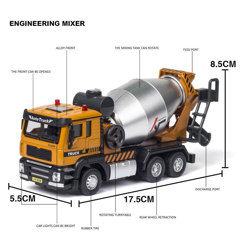 Engineering Vehicle Cement Mixer & Transport Truck Simulation Diecast & Toy Vehicles Sounds & Light Pull Back Car 1:50 Alloy Model