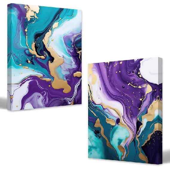YMXZHUANSH 2 Piece Abstract Marble Canvas Wall Art Purple Teal and Gold Pictures Modern Artwork for Bedroom Living Room Decor Frame(Purple 12x16inchx2 Pieces фиолетовый