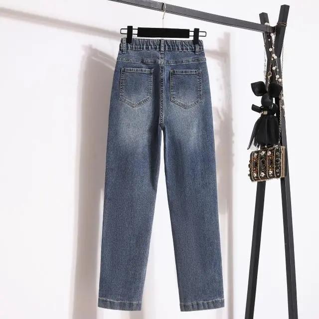 Plus Size Women Jeans Pants Denim Female Pencil Elastic Basic Blue High Waist Trousers Buttons Oversize Fashion  Pants
