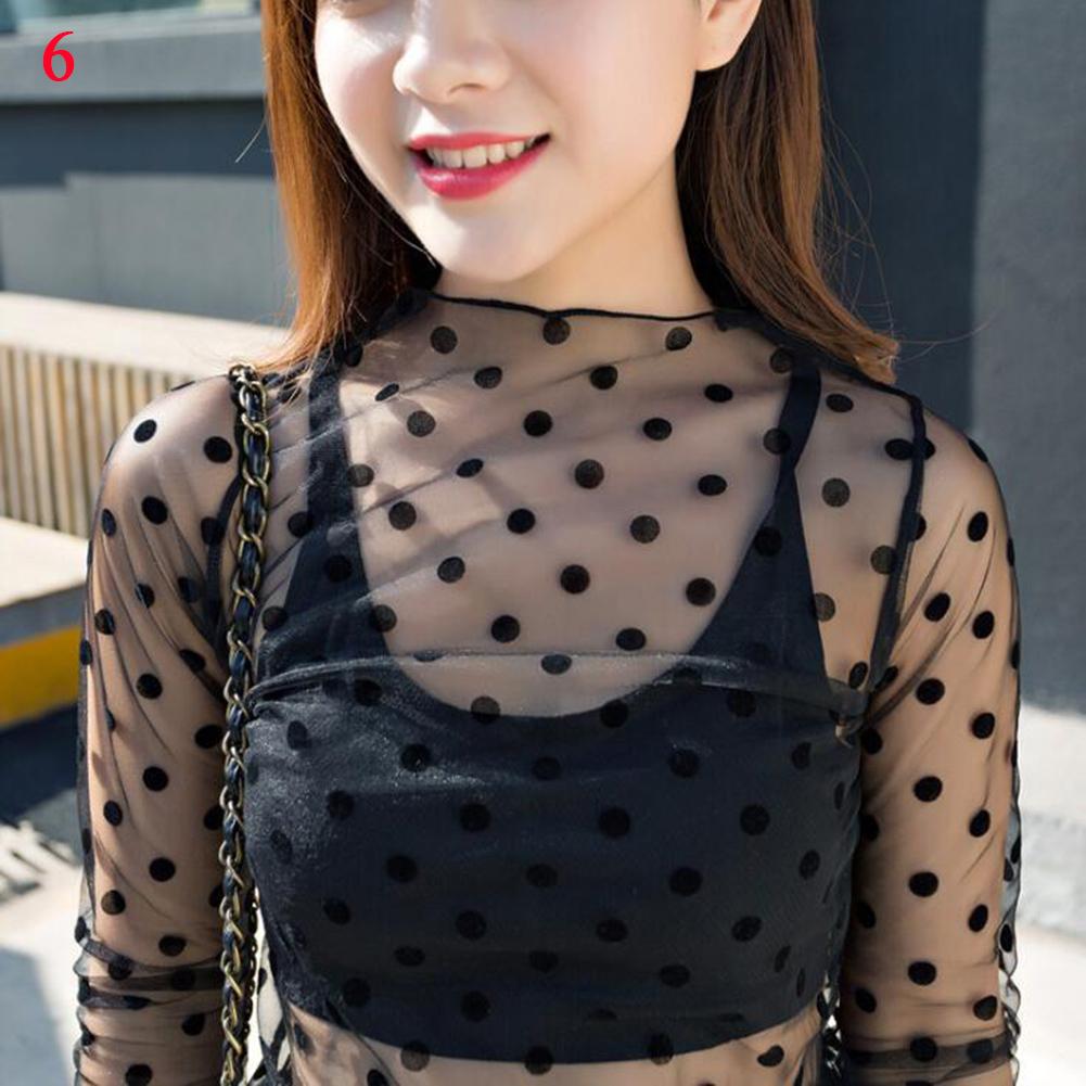 Black Sexy Women's T-shirt Fishnet Sheer Transparent Top Women Long Sleeve Bottoming Shirts Lace Mesh Tees Summer Sunscreen Tops