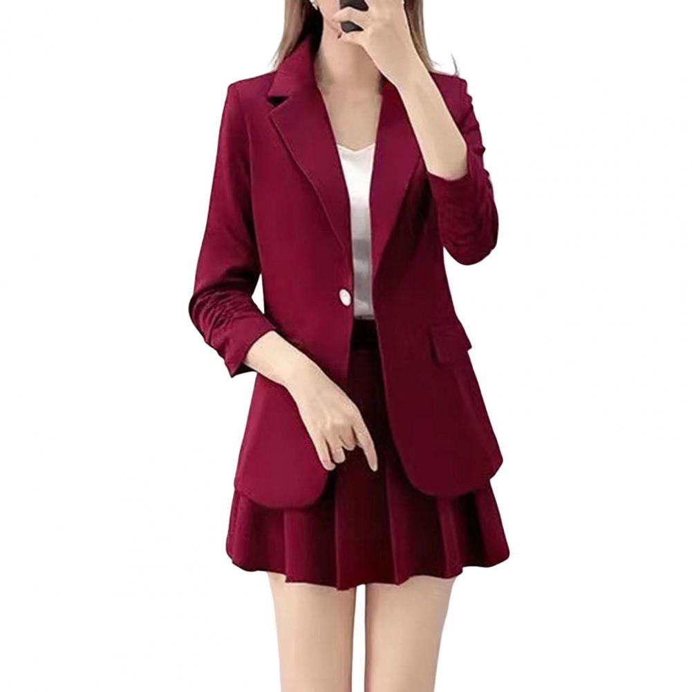 2Pcs/Set Coat Skirt Set Women Spring Autumn Lapel Long Sleeve Single Button Suit Coat Pleated Mini Skirt Set Solid Color Set