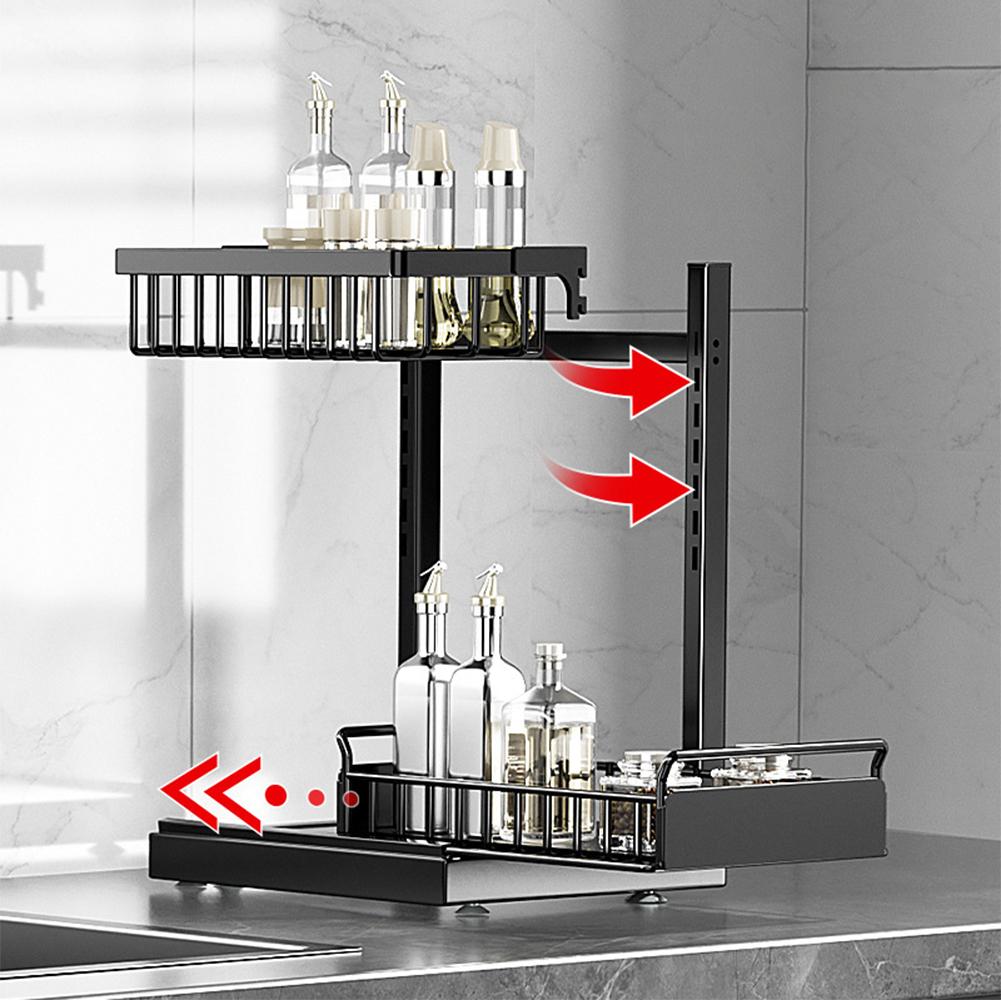 2-Tier Spice Rack Under Sink Storage Kitchen Organizer Height Adjustable Pull Out Cabinet Storage Shelves Metal Drawer