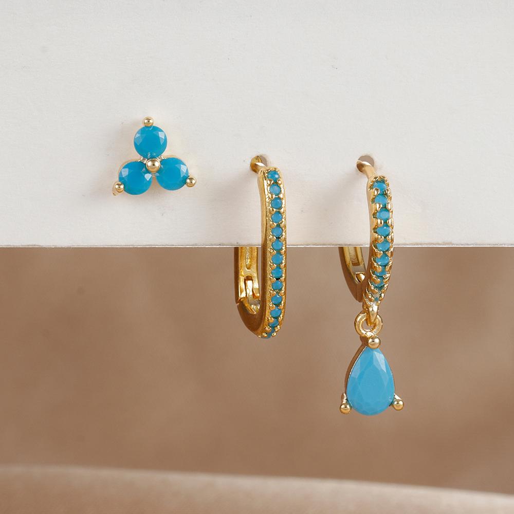 3PCS/Set Fashion Waterdrop Shape Zircon Hoop Earrings For Women Delicate Triangle Shaped Flower Stud Earrings Piercing Jewelry