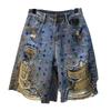 Jeans Loch Shorts Damen Sommer Kurze Hosen Hohe Taille Stretch Used Look Gewaschen Diamanten Streetwear Gerade Denims