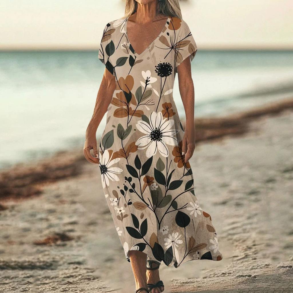 Fashion Women's Summer V-Neck Short Sleeve Floral Print Beach Dress