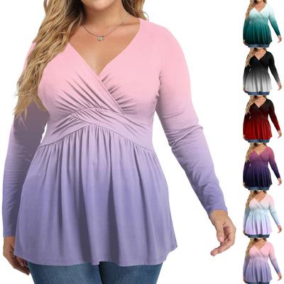 Women's Plus Size Shirt Long Sleeve  Print Top Pleated Casual V-Neck Top