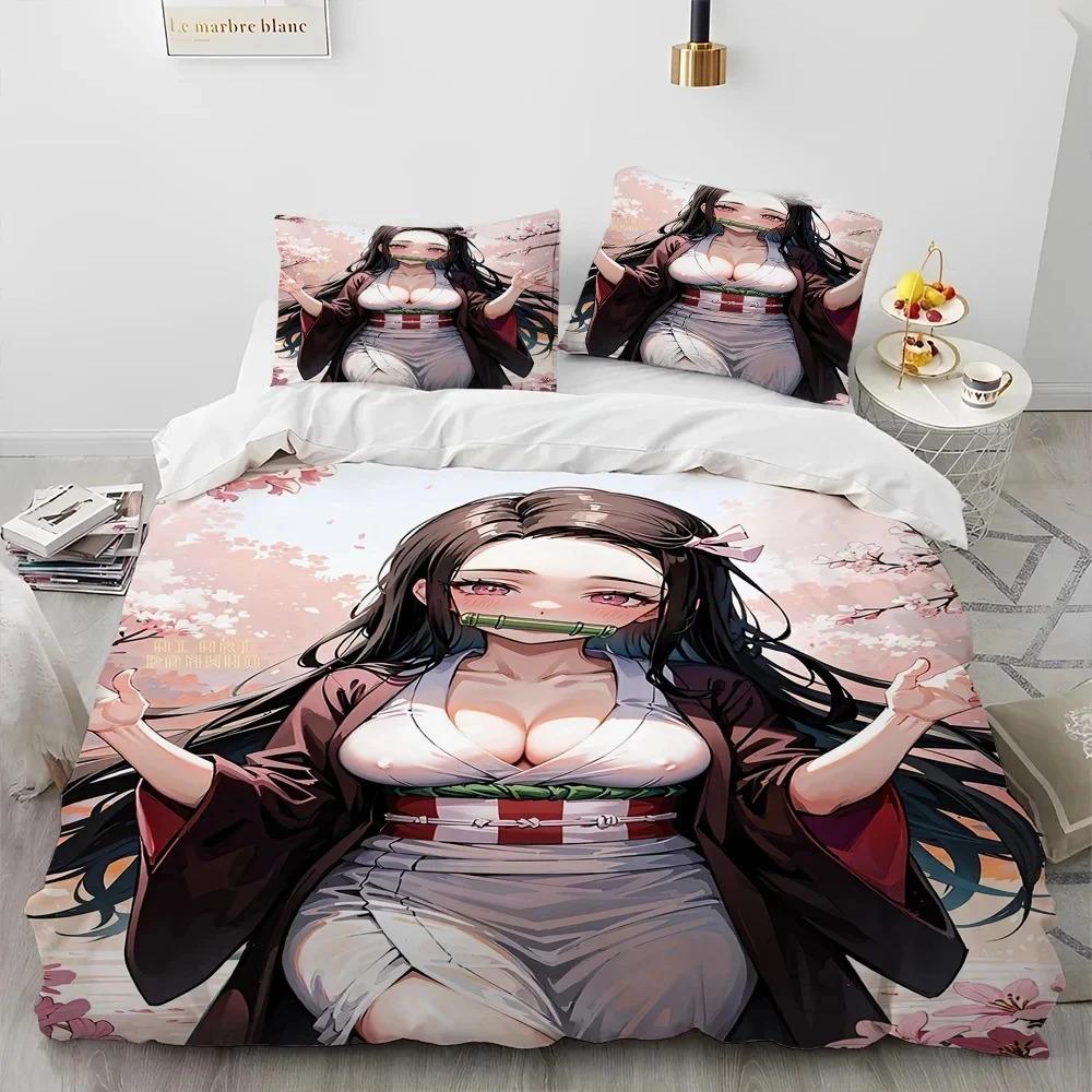 Demon Slayer Bedding Set Kamado Nezuko Duvet Cover Pillowcase King Queen Full Single Size Boys Teen Gift Anime Bed Linen
