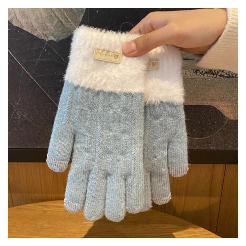Knitted Plush Gloves for Women's Winter Warmth Thickened Velvet Color Blocking Fashion Touch Screen Split Finger Wool Gloves Riding Bike