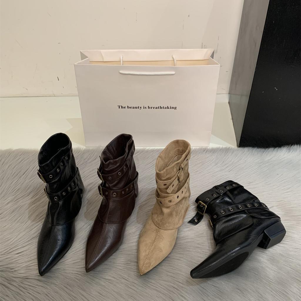 Coarse heel suede pointed trouser boots women's autumn and winter new western cowboy boots knight boots belt buckle short boots