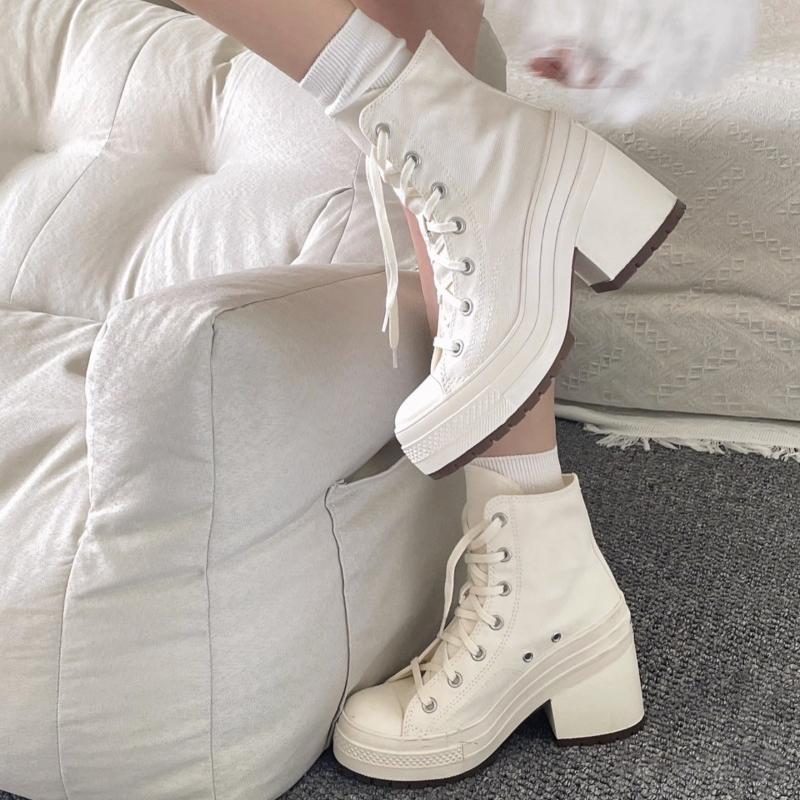 Fashion 2025 Women's Mid-tube Mid-heel Canvas Fashion Boots Spring and Autumn New Rubber Sole Lace-up Square Heel Anti-slip