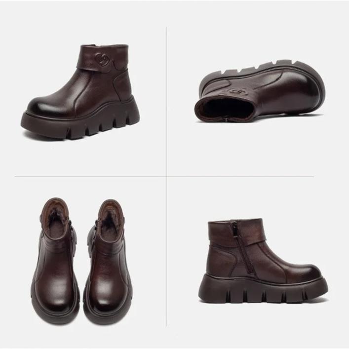 Johnature Warm Plush Women's Cotton Boots Retro Commuter Versatile Round Toe Thick Soled Ankle Boots