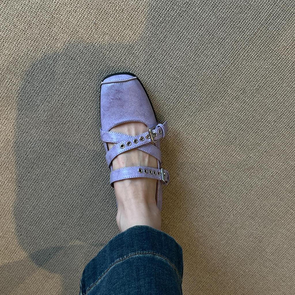 Sheepskin Version~ Shallow Mouth Ballet Shoes Women's Cross Buckle Square Head Leather Single Shoes Retro Sports Mary Jane Shoes