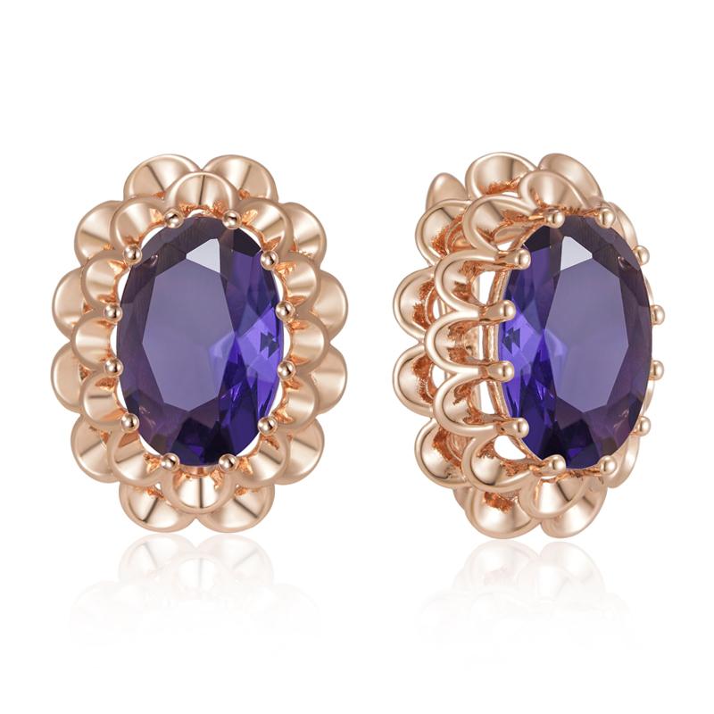 Classic Big Purple Natural Zircon English Earrings For Women Rose Gold Color Crystal Flower Daily Vintage Jewelry