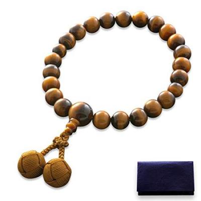 Men's Buddhist Prayer Beads by Kyoto Butsudan Hayashi, Pure Silk Braided String with Tiger Eye Tassel (Includes Tiger Eye Prayer Bead Bag) M-008,