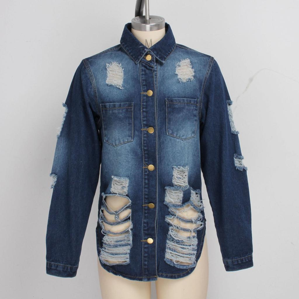 Women's Spring and Autumn Plus Size Medium Length Denim Jacket Lapel Slim Comfortable Casual Long Sleeved Jacket