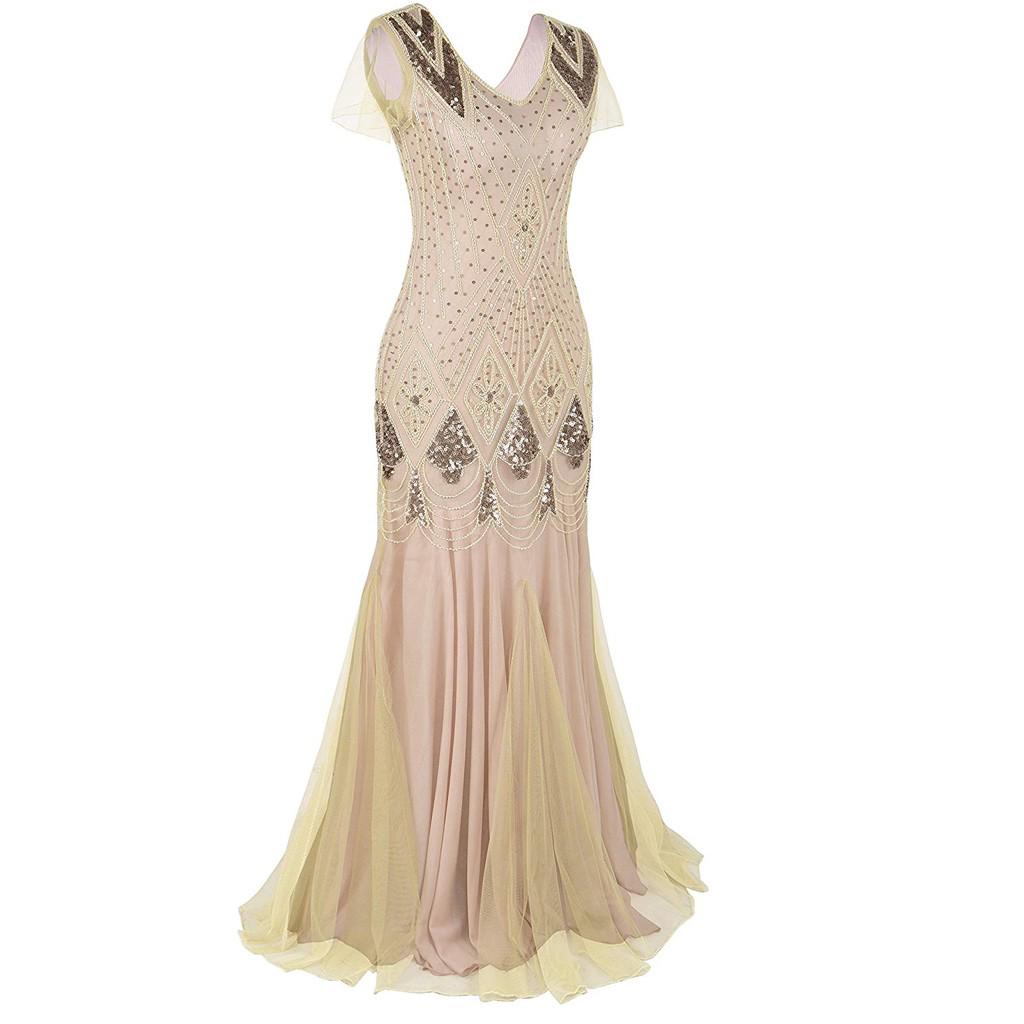 Women Vintage 1920s Bead Fringe Sequin Lace Party Flapper Cocktail Prom Dress