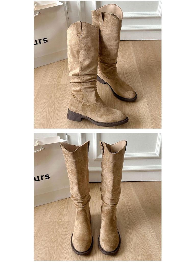 Damskor Mocka Vintage Rynkade Höga Stövelskaft - Wasteland-stil, Mångsidiga Staplade Långskaftade Stövlar för Vår och Höst 2025