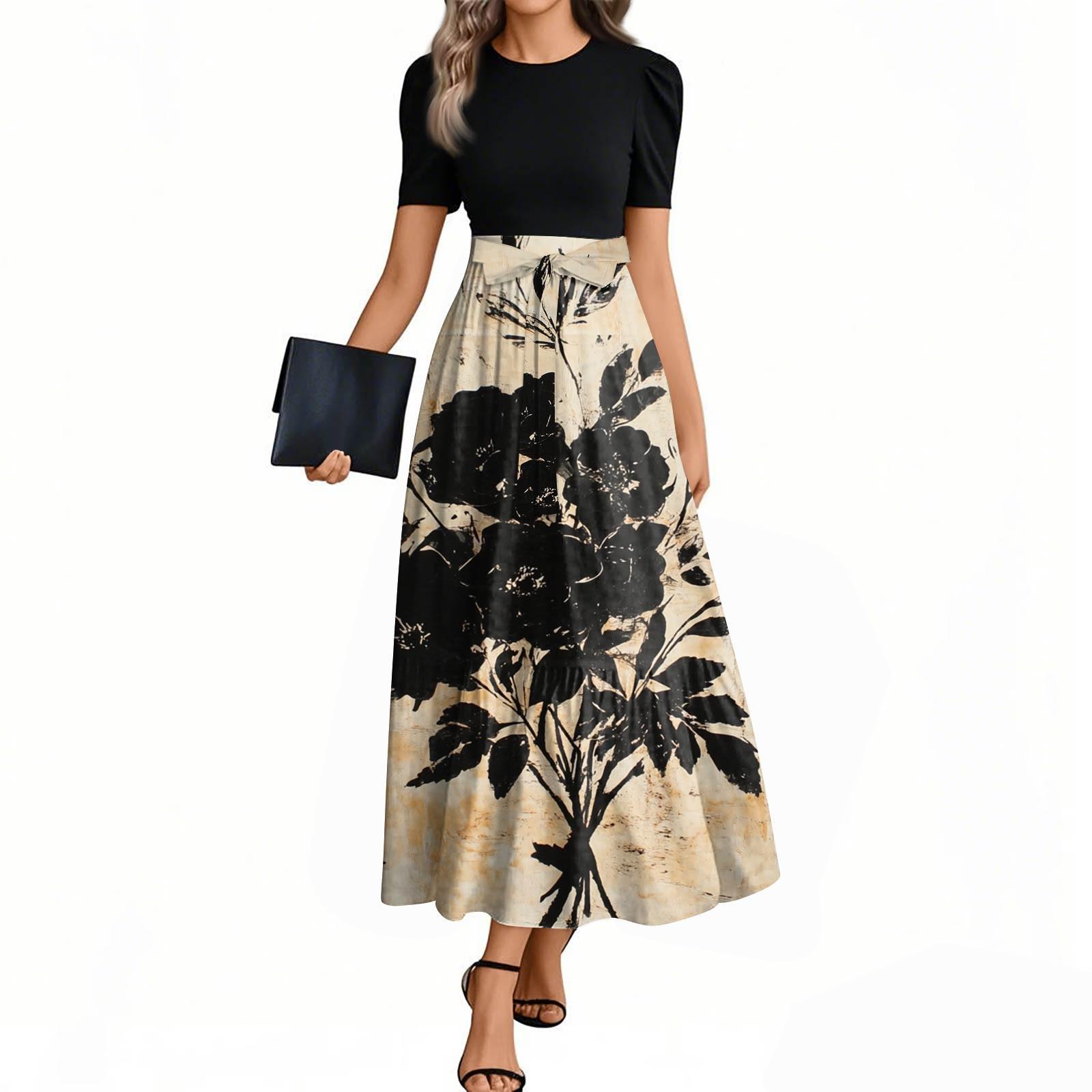 

Женские модные повседневные платья с поясом, короткими рукавами и круглым вырезом, с принтом, элегантные, темпераментные L чёрный