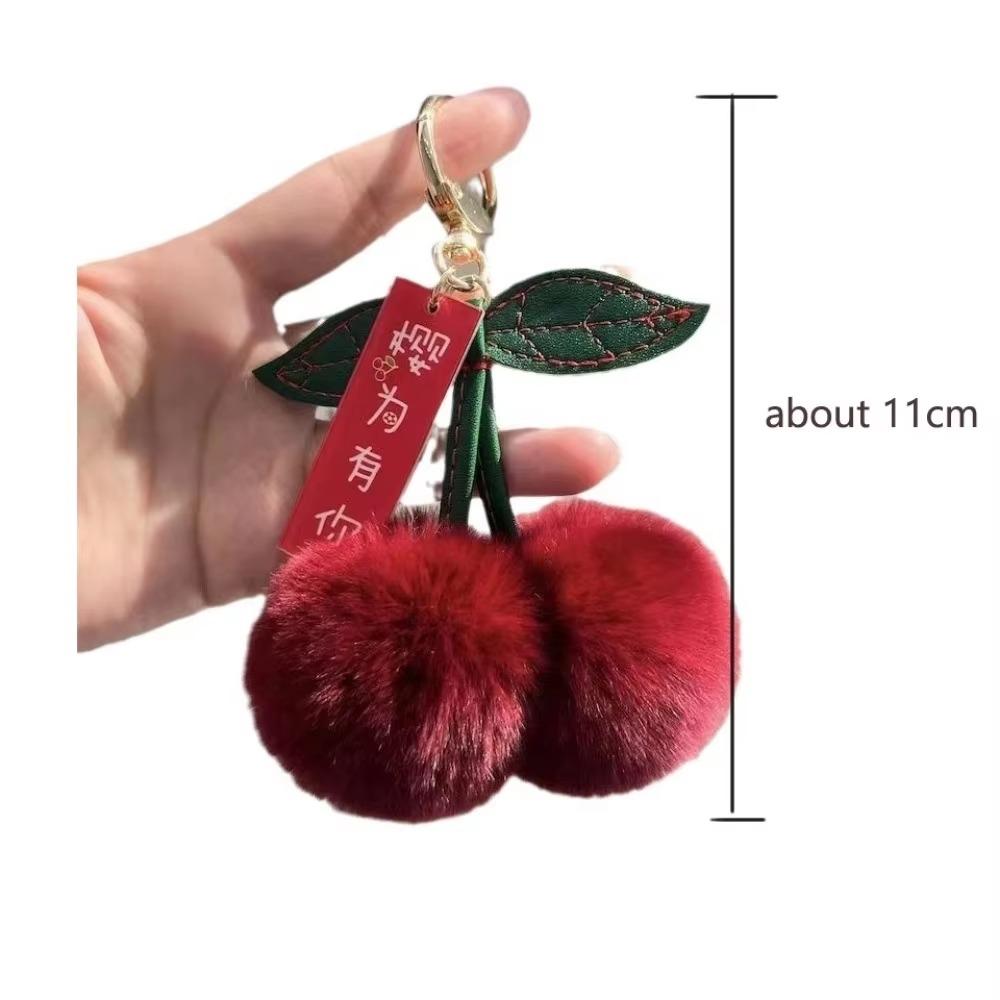 Cute Cherry Key Chain Rex Rabbit Pompom Leaf Key Ring Fluffy Fur Ball Handbag Pendant Car Key