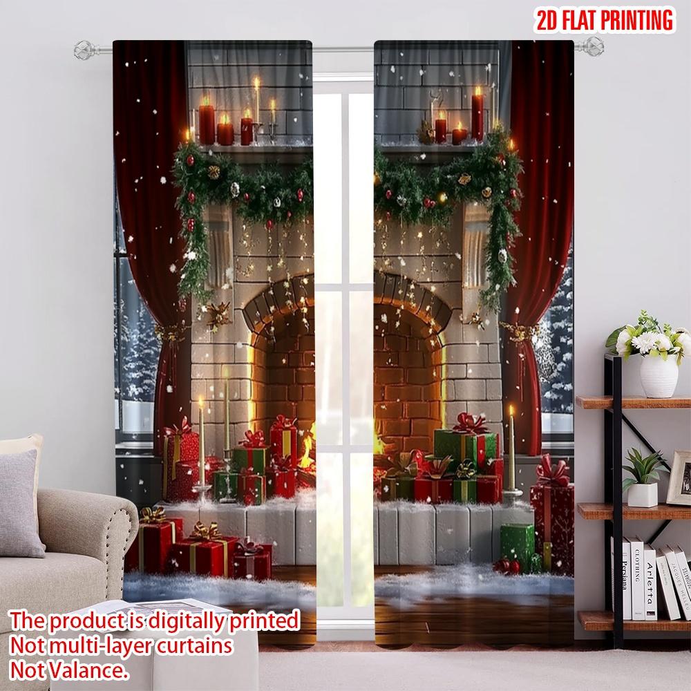 

Set Of 2 Flat Printing Merry Christmas Party Curtains Stove Polyester Without Electricity Family Use Po Curtain W100*H70(CM)-Hooks&1PCS
