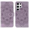 For Samsung Galaxy S24 Ultra Case Rhinestone Decor PU Leather Mandala Imprinted Design Phone Cover with Wrist Strap