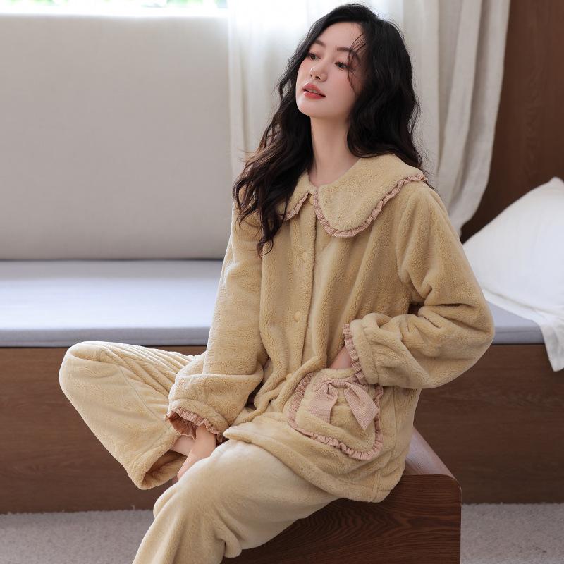Pajamas Women'S Winter Coral Fleece Thickened Fleece Warm Autumn And Winter Flannel Winter Winter Can Be Worn Outside Loungewear