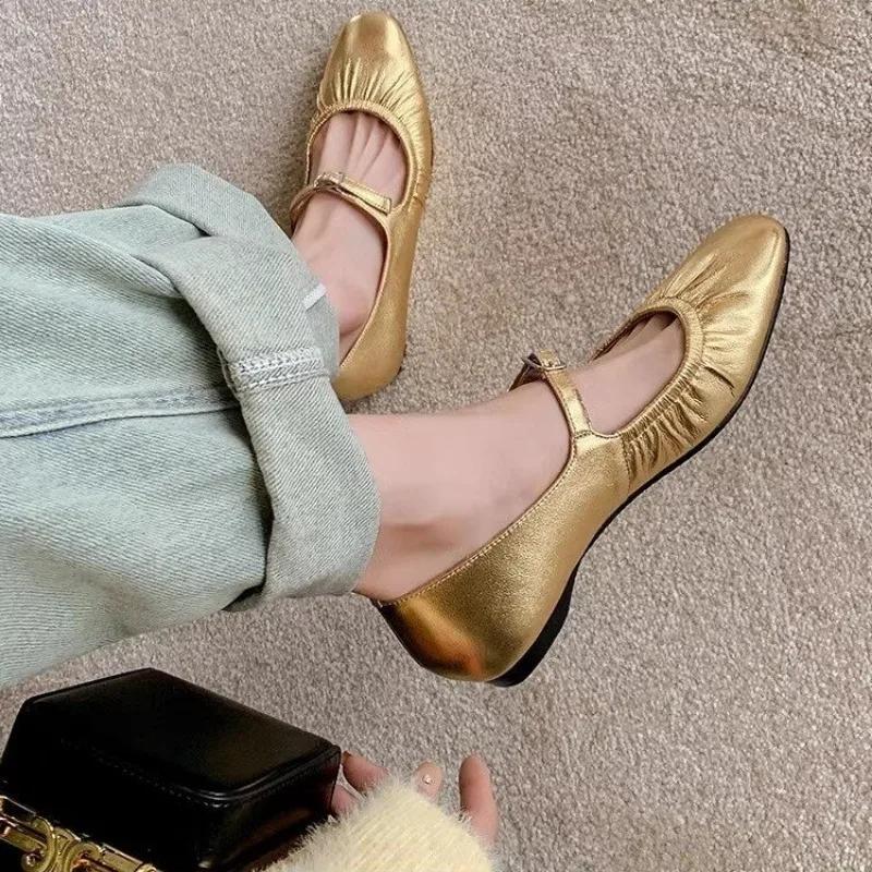 Fashion Pleated Fashion Ballet Flats Women Leather Shoe Women Casual Buckle Strap Silver Flats Gold Square Toe 2024 Spring Women's Shoes