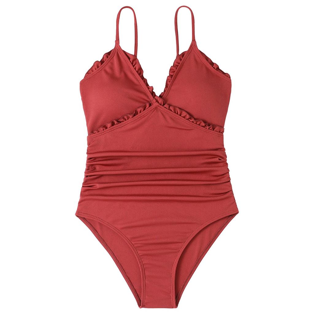 One Piece Swimsuit for Women with Built-in Chest Pad Wireless Support Adjustable Straps Ruffled Trim Solid Color Swimwear