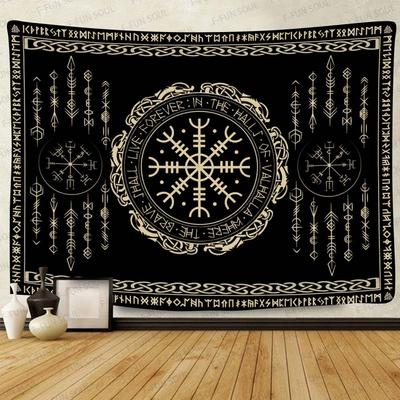 Nordische Wikinger-Wandteppich | Flach bedrucktes mysteriöses Raben- & Runen-Wandbehang mit Walknuten-Symbol für Herrenschlafzimmer & Wohnzimmer