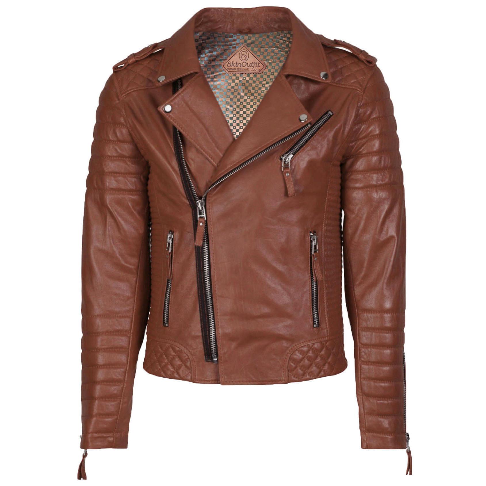 

SKINOUTFIT Men Motorcycle Leather Jacket Genuine Tan Lambskin Café Racer Biker Outerwear L дубильна кора