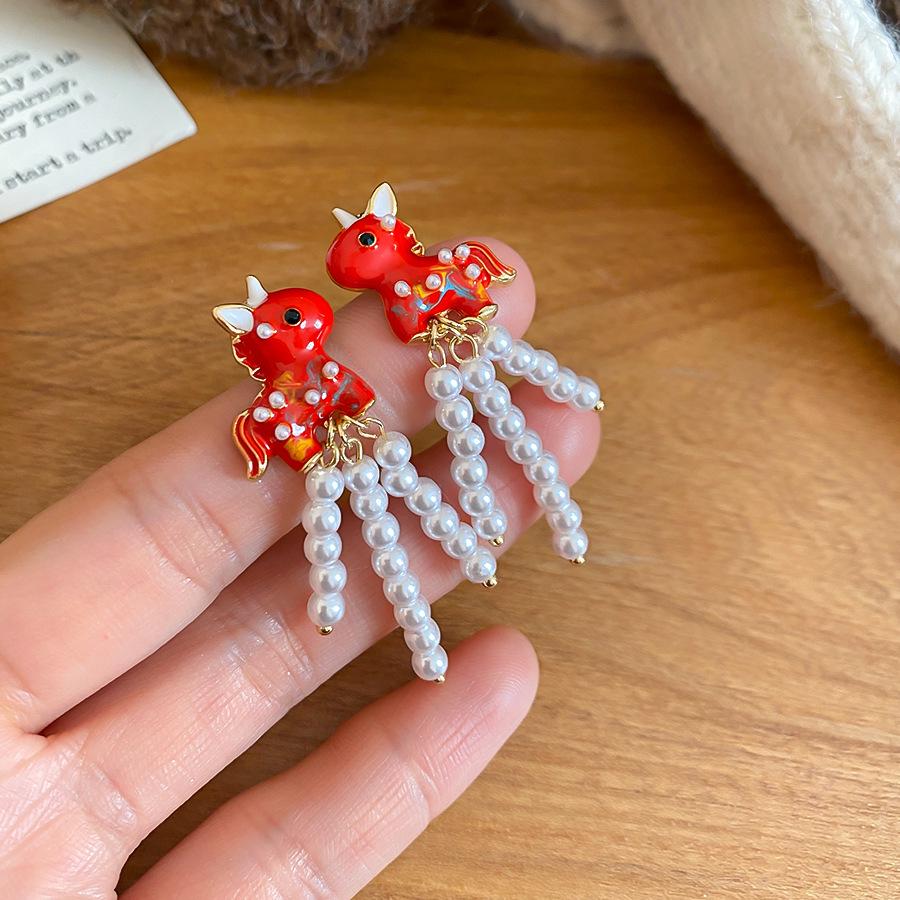 Zodiac Year Zircon Pearl Horse Earrings - Luxurious, Modern Studs for Women