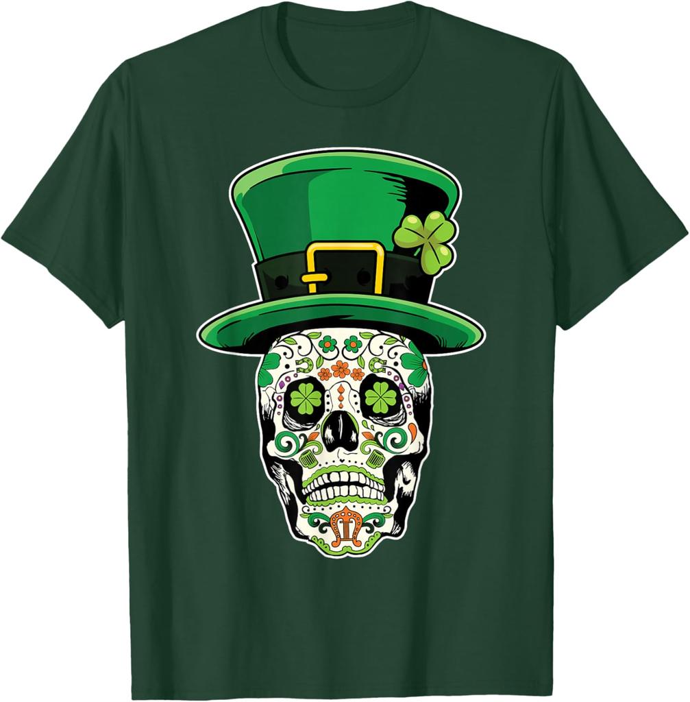 Sugar Skull Leprechaun Hat St Patricks Day Graphic Tee Soft Cotton Casual Top for Men