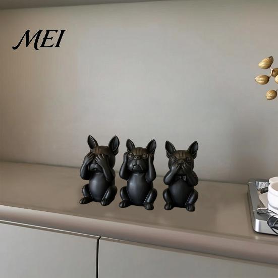 One-piece Molded Dog Figure 3D Printed French Bulldog Statues Set of 3, Matte Black Sculpture, Minimalist Bull Durable Desk Accessory Figurines