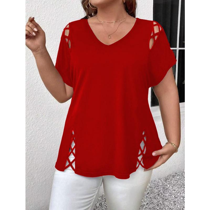 2026 Neues Großes Kurzarm Sommer Ausgeschnittenes Blusenhemd Damen Locker T-Shirt Mode Elegant Einfarbig Lässig V-Ausschnitt Bürohemden Süße Kleidung