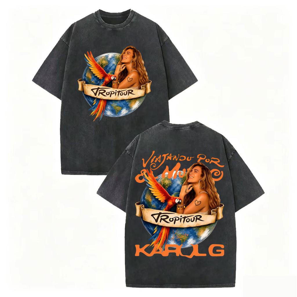 Vintage Washed Karol G Tropicoqueta Tour 2026 Graphic T Shirts Men Women Fashion Hip Hop T-shirts Summer Casual Cotton T-shirt