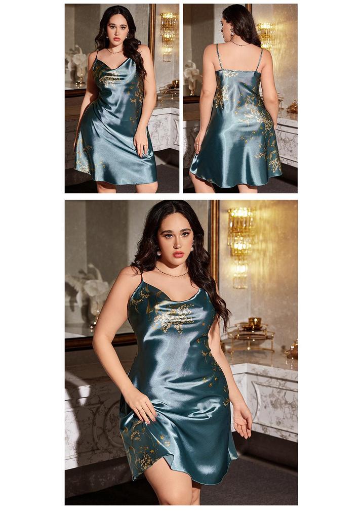 Danny Lin Plus Size Faux Silk Camisole Dress – Spring/Summer Printed Pajamas for Women