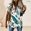 Women Plus Size Collared Neck Short Sleeve Lemon Print White Button Front High Low Curved Hem Shirt