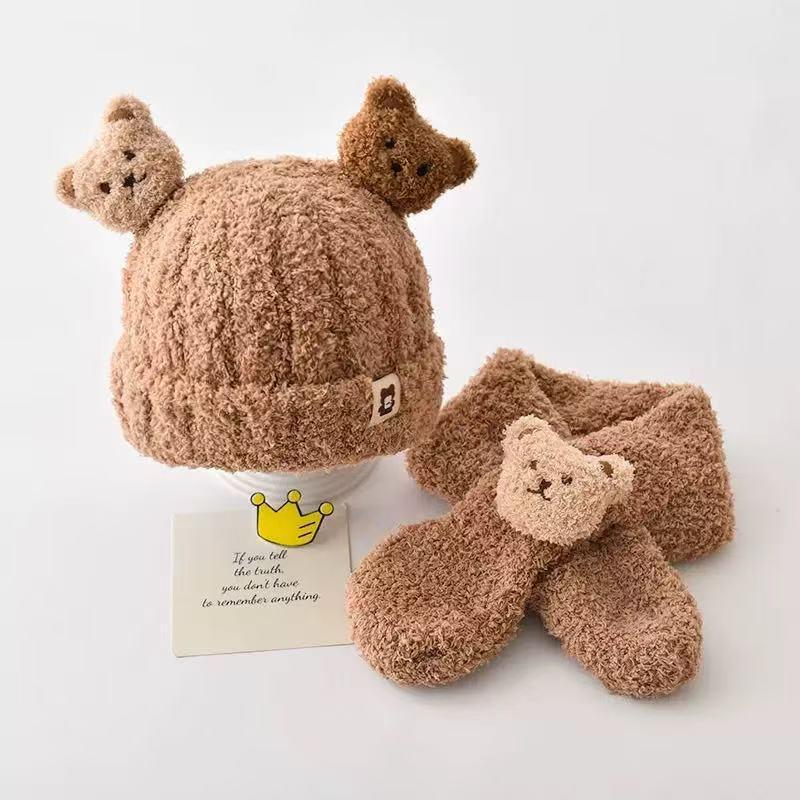 Kids' Wool Hat & Scarf Set with Fleece Lining, Cute Korean Style Pullover for Boys & Girls