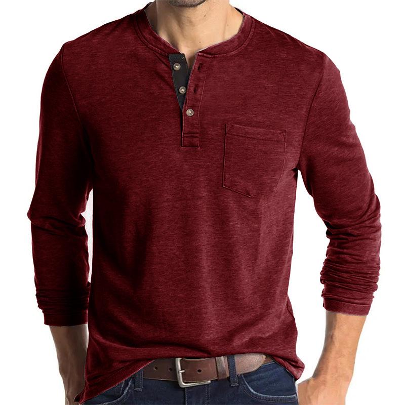 Men's Long-Sleeve Henley Crew Neck T-Shirt for Autumn and Winter