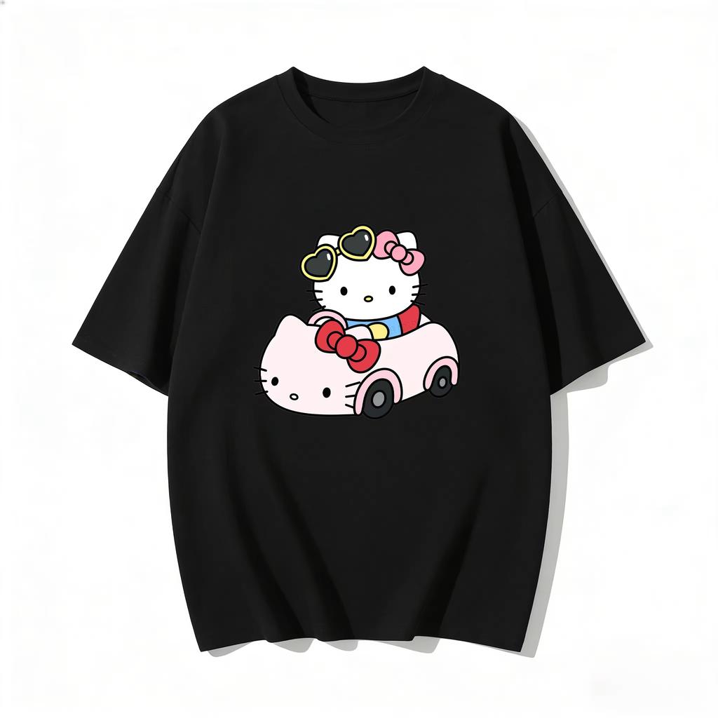 2026 New Summer HelloKitty Cute Graphic Tee Casual Short Sleeve Cotton Top for Women Girls Kawaii Cartoon Print Streetwear