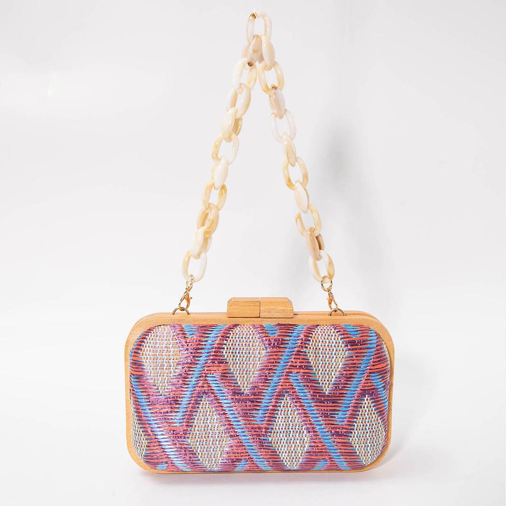 Modische Holzclip-Kupplungstasche für Damen Acrylketten Damen-Schultertaschen Geometrische Muster Handtaschen Sommer Strandparty-Portemonnaies