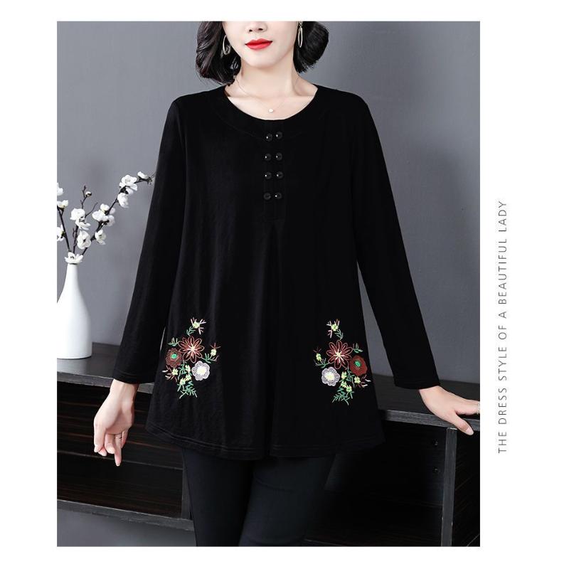 Nueva Camiseta Retro Bordada para Mujer Holgada de Manga Larga de Largo Medio Adelgazante Top Base