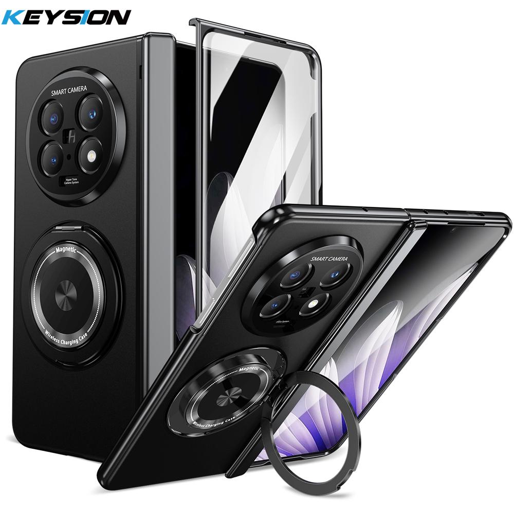 KEYSION 360° Rotating Magnetic Ring Stand Phone Case for MagSafe for OPPO Find N5 Hinge Phone Cover with Glass Screen Protector