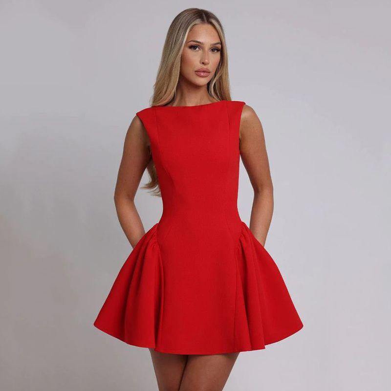 

Princess s Wish Babyboo French style Retro Temperament off-Neck Sexy Backless Sleeveless Dress Guest dresses Red L