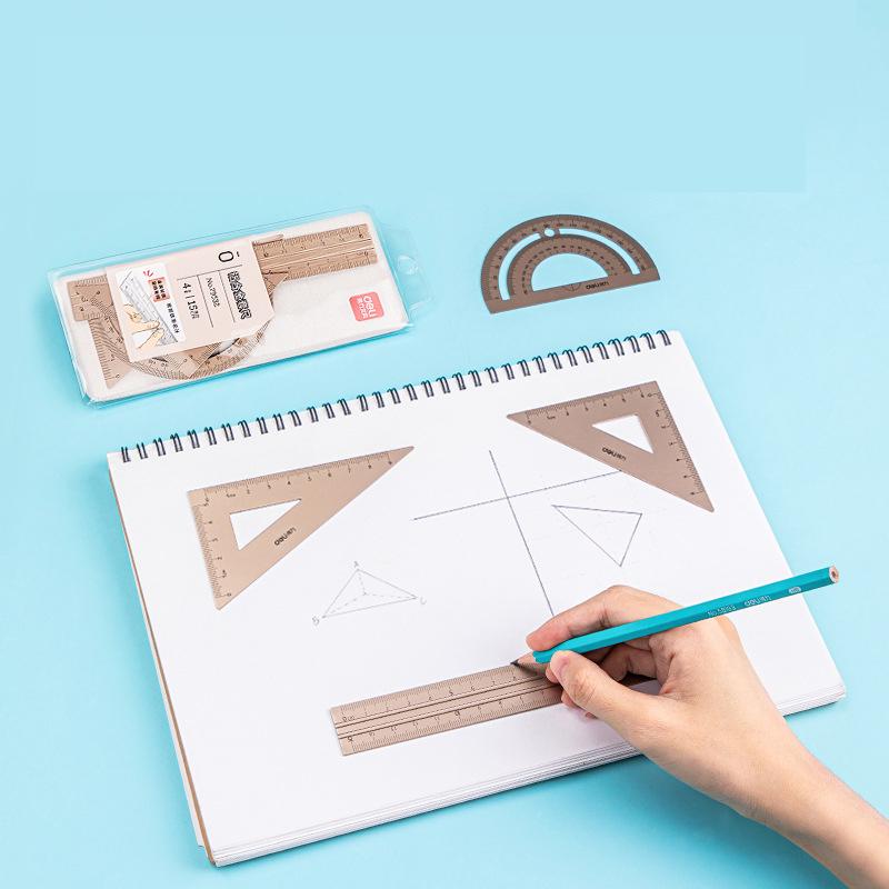 4 In 1 Deli Fizz Metal Ruler Stationery Set Aluminum Alloy Multifunctional Combination Ruler Triangle Protractor for Drawing