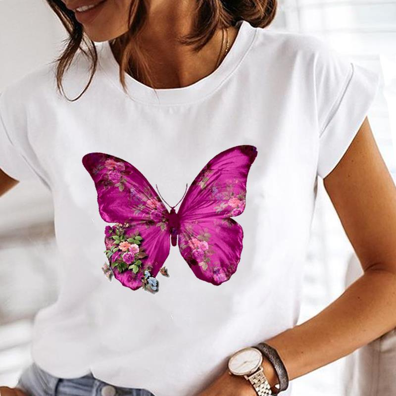 (Asian Size)  Tee Top Short Sleeve T Shirt cartoon butterfly style Women Clothing Casual Fashion Print Lady Female Graphic T-shirts