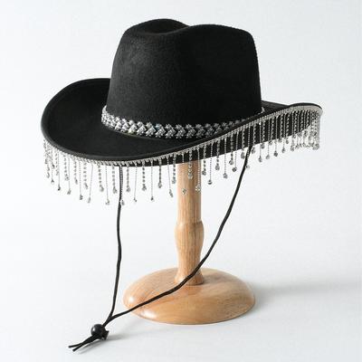 European and American Women's Gender-neutral Cowboy Hat Simple Love Gem with Rhinestone Fringe Design Jazz Hat Wedding Ball