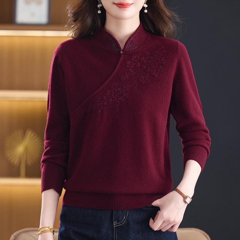 100% Pure Wool Embroidered Qipao Collar Sweater - Red, Age-Defying Knit Base Layer for Women