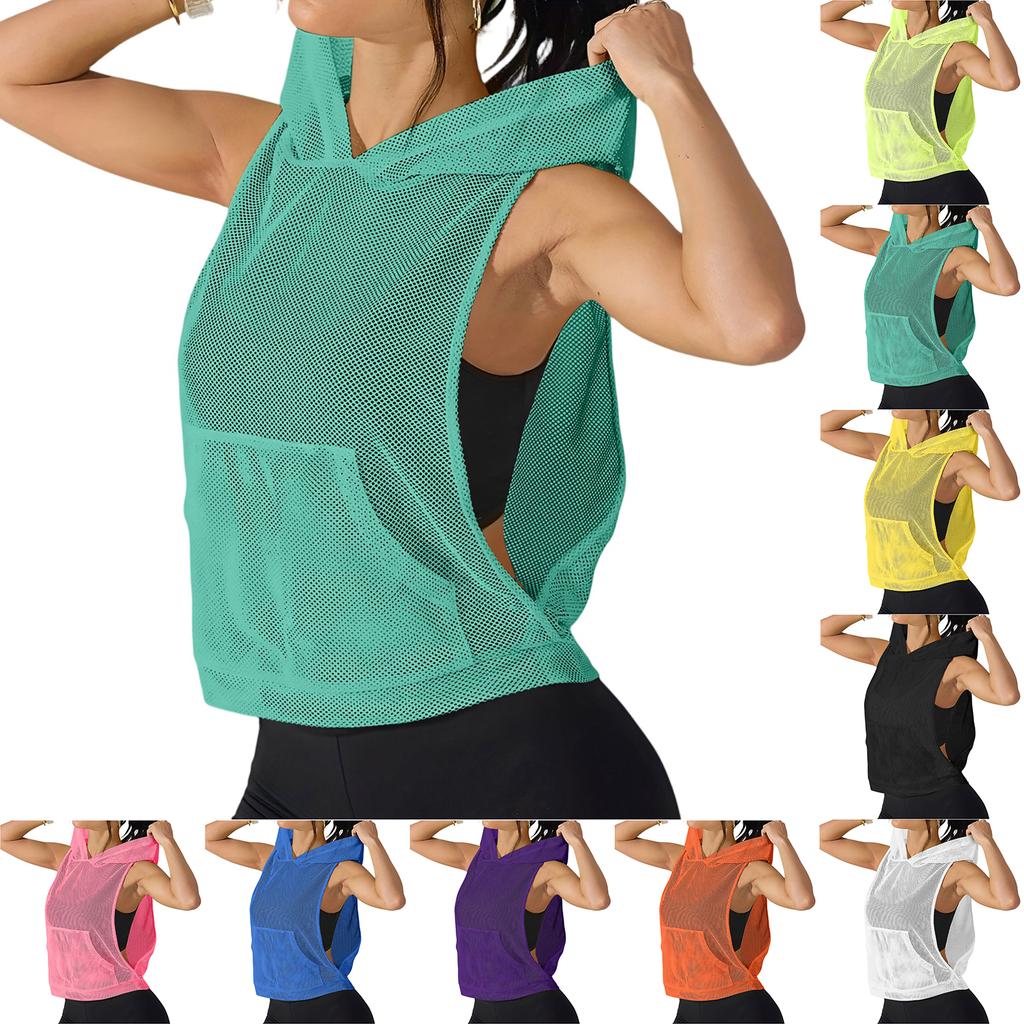 Women Loose Fit Pullover Mesh Hooded Tank Top Lightweight Breathable Fitness Vest Sleeveless Sport Shirt for Gym Yoga Running