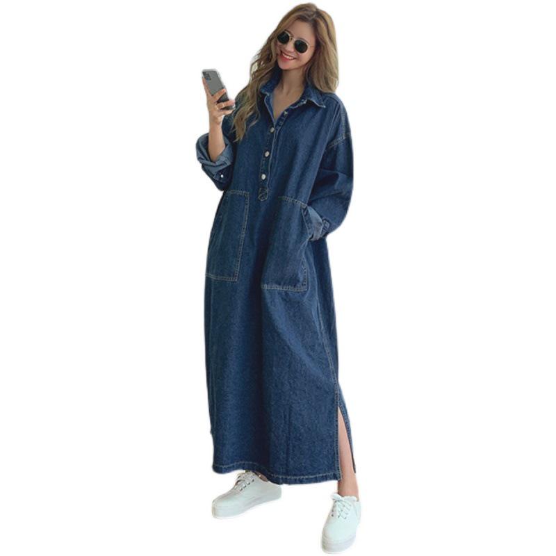 Retro Korean Loose-Fit Denim Lapel Dress - Plus Size, Age-Reducing Chic (2026)